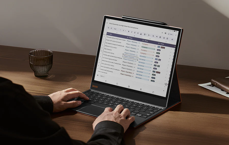 BOOX device on desk with keyboard